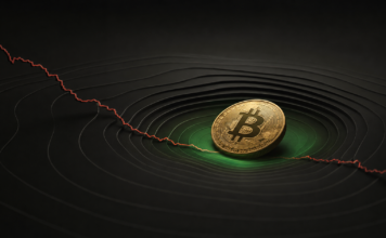 Goldene Bitcoin-Münze in einer grünen Akkumulationszone vor einer fallenden roten Kurslinie