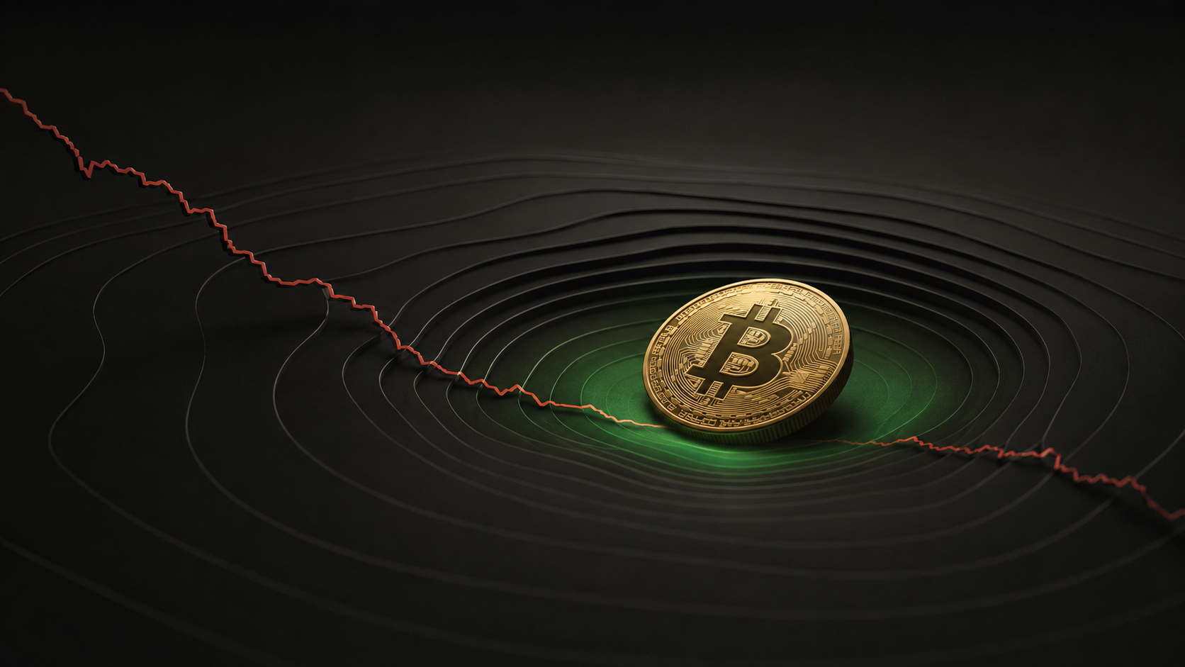 Goldene Bitcoin-Münze in einer grünen Akkumulationszone vor einer fallenden roten Kurslinie
