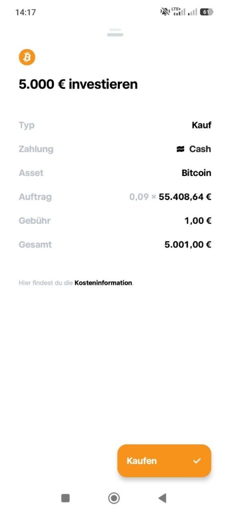 Trade Republic Kaufbestätigung für einen Bitcoin-Kauf über 5.000 Euro.