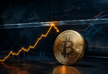 Bitcoin-Münze vor einem Kurschart, der an einer Widerstandszone nach unten abdreht