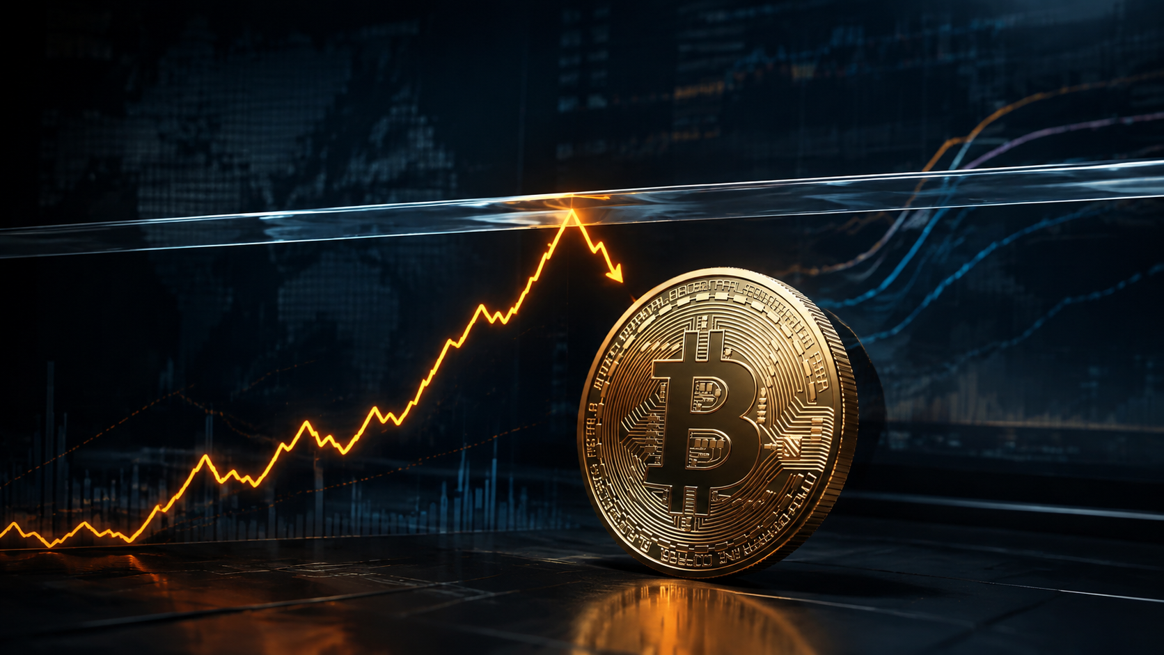 Bitcoin-Münze vor einem Kurschart, der an einer Widerstandszone nach unten abdreht