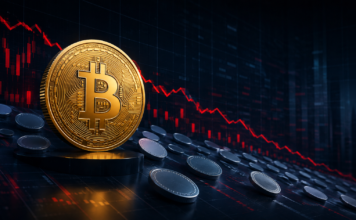 Studie: Bitcoin outperformt 98,3% aller Altcoins nach 2 Jahren Goldene Bitcoin-Münze vor zahlreichen fallenden Altcoins und einem roten Abwärtstrend