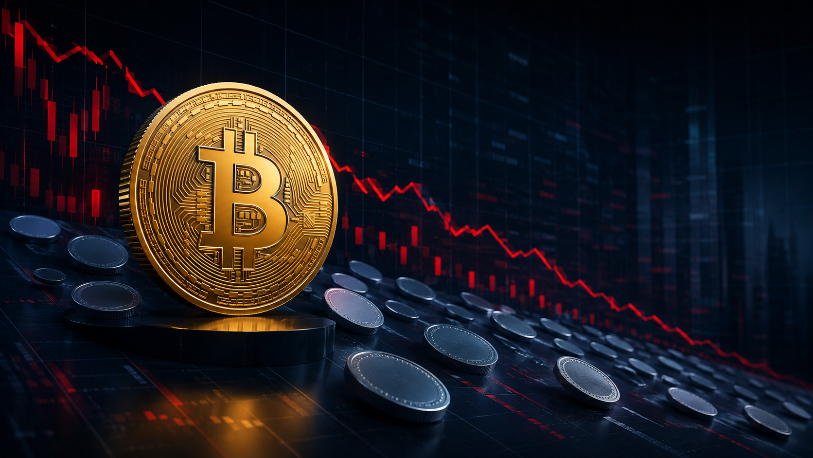Goldene Bitcoin-Münze vor zahlreichen fallenden Altcoins und einem roten Abwärtstrend