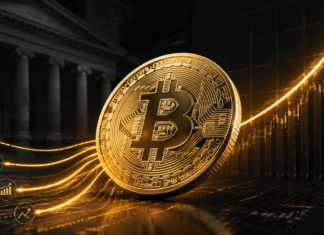 Goldene Bitcoin-Münze vor dem US-Finanzministerium und einer steigenden Kurskurve