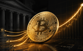 Goldene Bitcoin-Münze vor dem US-Finanzministerium und einer steigenden Kurskurve