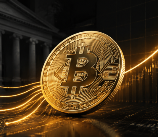 Goldene Bitcoin-Münze vor dem US-Finanzministerium und einer steigenden Kurskurve