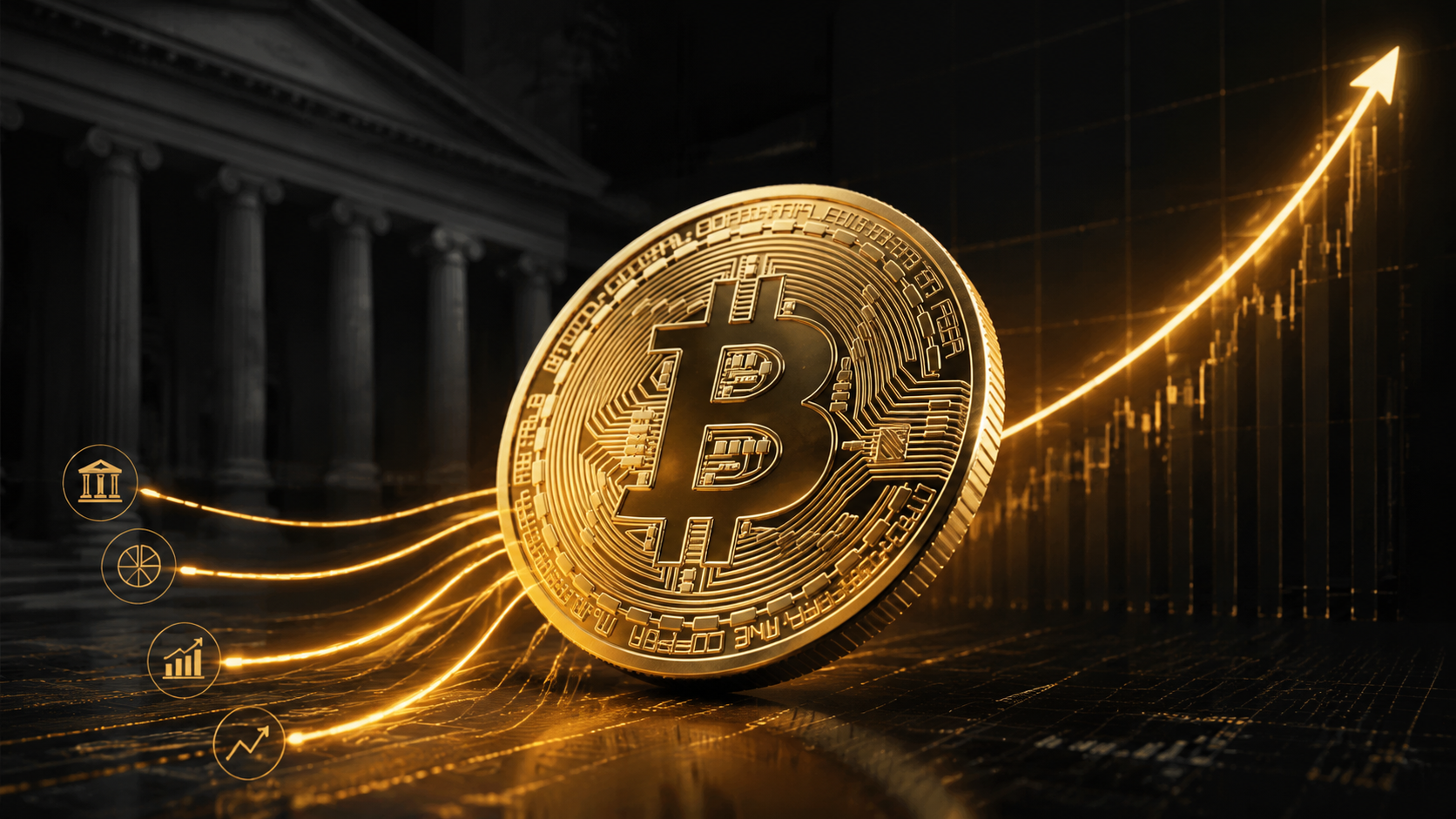 Goldene Bitcoin-Münze vor dem US-Finanzministerium und einer steigenden Kurskurve