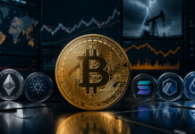 Bitcoin vor Marktcharts sowie den Logos von Ethereum, Cardano, Solana, Arbitrum und Sui