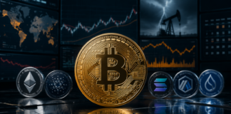 Bitcoin vor Marktcharts sowie den Logos von Ethereum, Cardano, Solana, Arbitrum und Sui