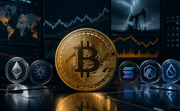 Bitcoin vor Marktcharts sowie den Logos von Ethereum, Cardano, Solana, Arbitrum und Sui