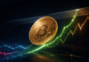 Goldene Bitcoin-Münze vor einer steigenden grünen Kurskurve und einer Widerstandszone