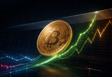 Goldene Bitcoin-Münze vor einer steigenden grünen Kurskurve und einer Widerstandszone