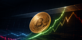 Goldene Bitcoin-Münze vor einer steigenden grünen Kurskurve und einer Widerstandszone