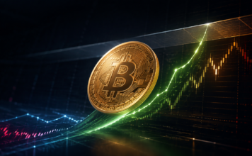 Goldene Bitcoin-Münze vor einer steigenden grünen Kurskurve und einer Widerstandszone