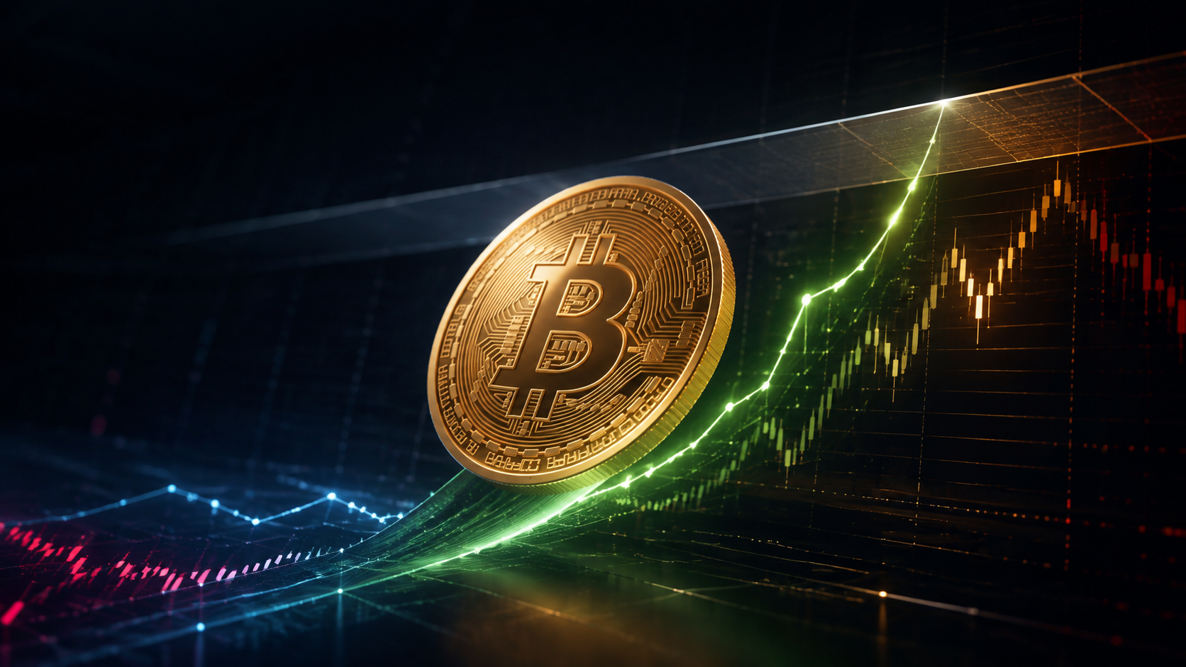 Goldene Bitcoin-Münze vor einer steigenden grünen Kurskurve und einer Widerstandszone