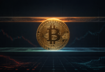 Goldene Bitcoin-Münze zwischen zwei Kursbarrieren vor einem dunklen Marktchart
