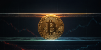 Goldene Bitcoin-Münze zwischen zwei Kursbarrieren vor einem dunklen Marktchart