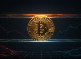 Goldene Bitcoin-Münze zwischen zwei Kursbarrieren vor einem dunklen Marktchart