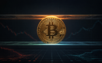Goldene Bitcoin-Münze zwischen zwei Kursbarrieren vor einem dunklen Marktchart