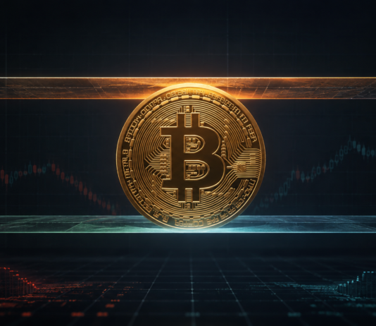 Goldene Bitcoin-Münze zwischen zwei Kursbarrieren vor einem dunklen Marktchart