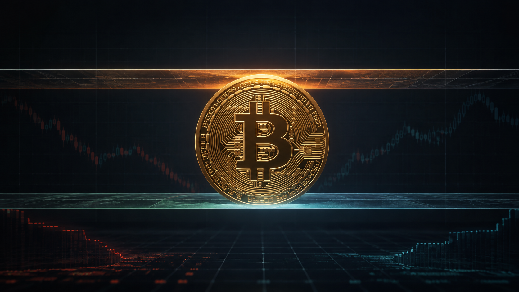 Goldene Bitcoin-Münze zwischen zwei Kursbarrieren vor einem dunklen Marktchart