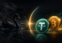 Illustration eines schwarzen Schwans vor einem leuchtenden Schutzschild, hinter dem die Symbole von Tether und Bitcoin vor einem dunklen Finanzhintergrund zu sehen sind.