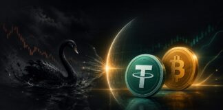 Black-Swan-Risiko für Bitcoin gebannt? Tether veröffentlicht ersten vollständigen Audit Illustration eines schwarzen Schwans vor einem leuchtenden Schutzschild, hinter dem die Symbole von Tether und Bitcoin vor einem dunklen Finanzhintergrund zu sehen sind.