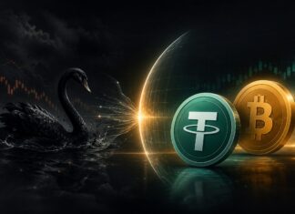 Illustration eines schwarzen Schwans vor einem leuchtenden Schutzschild, hinter dem die Symbole von Tether und Bitcoin vor einem dunklen Finanzhintergrund zu sehen sind.