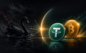 Black-Swan-Risiko für Bitcoin gebannt? Tether veröffentlicht ersten vollständigen Audit Illustration eines schwarzen Schwans vor einem leuchtenden Schutzschild, hinter dem die Symbole von Tether und Bitcoin vor einem dunklen Finanzhintergrund zu sehen sind.