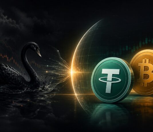 Illustration eines schwarzen Schwans vor einem leuchtenden Schutzschild, hinter dem die Symbole von Tether und Bitcoin vor einem dunklen Finanzhintergrund zu sehen sind.