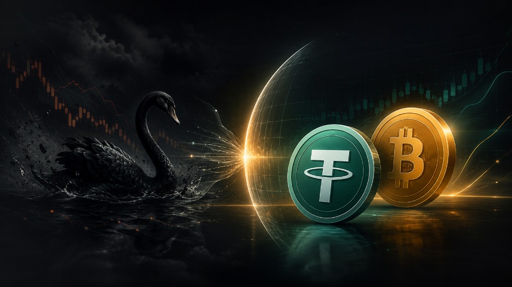 Illustration eines schwarzen Schwans vor einem leuchtenden Schutzschild, hinter dem die Symbole von Tether und Bitcoin vor einem dunklen Finanzhintergrund zu sehen sind.