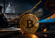 Goldene Bitcoin-Münze vor dem US-Kapitol und steigenden Finanzcharts als Symbol für US-Staatsverschuldung und Bitcoin-ETF-Zuflüsse