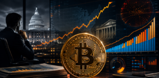 Goldene Bitcoin-Münze vor dem US-Kapitol und steigenden Finanzcharts als Symbol für US-Staatsverschuldung und Bitcoin-ETF-Zuflüsse