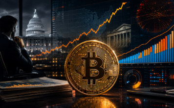 Goldene Bitcoin-Münze vor dem US-Kapitol und steigenden Finanzcharts als Symbol für US-Staatsverschuldung und Bitcoin-ETF-Zuflüsse