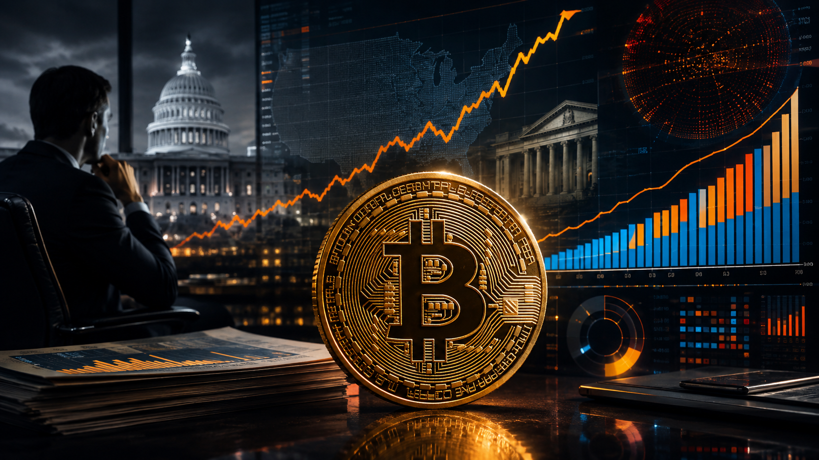 Goldene Bitcoin-Münze vor dem US-Kapitol und steigenden Finanzcharts als Symbol für US-Staatsverschuldung und Bitcoin-ETF-Zuflüsse