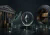 BlackRock-Gebäude neben Ethereum-Token, Geldreserven und geöffnetem Tresor
