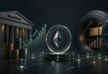 BlackRock lanciert tokenisierten Geldmarktfonds auf Ethereum BlackRock-Gebäude neben Ethereum-Token, Geldreserven und geöffnetem Tresor