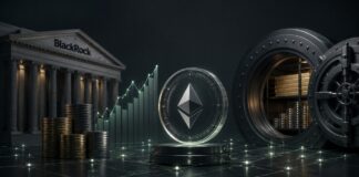 BlackRock-Gebäude neben Ethereum-Token, Geldreserven und geöffnetem Tresor