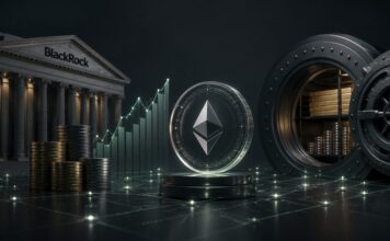 BlackRock-Gebäude neben Ethereum-Token, Geldreserven und geöffnetem Tresor