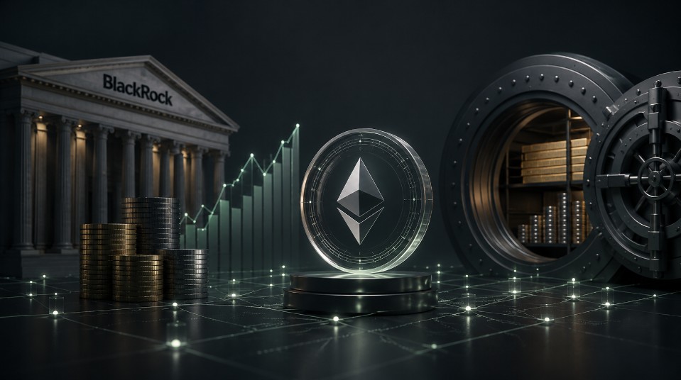 BlackRock-Gebäude neben Ethereum-Token, Geldreserven und geöffnetem Tresor