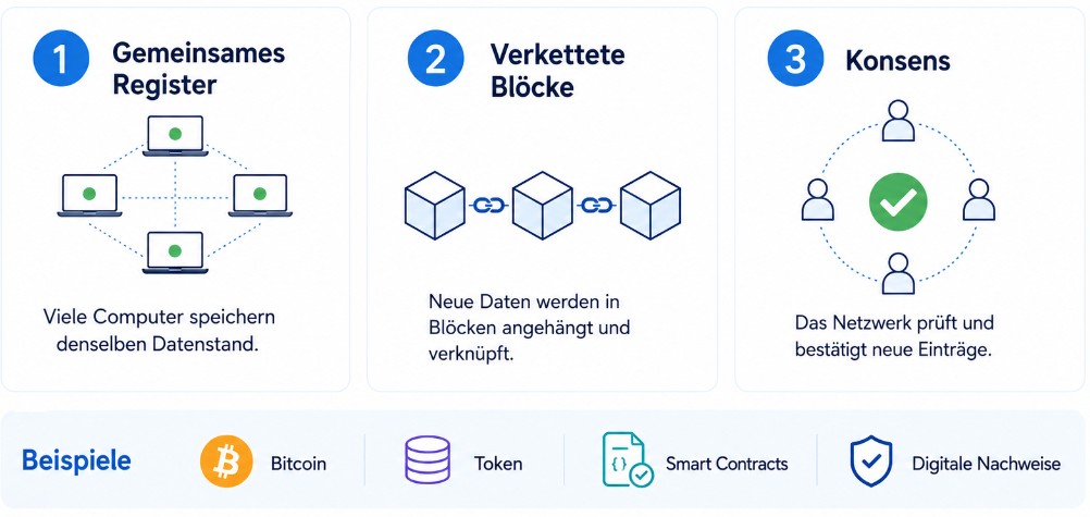 Infografik zur Blockchain mit gemeinsamem Register, verketteten Blöcken und Konsens im Netzwerk.