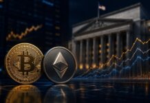 Bitcoin- und Ether-Münzen vor einem Regierungsgebäude mit aufwärts gerichteten Kurscharts