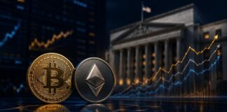 Bitcoin- und Ether-Münzen vor einem Regierungsgebäude mit aufwärts gerichteten Kurscharts