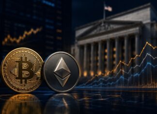 Bitcoin- und Ether-Münzen vor einem Regierungsgebäude mit aufwärts gerichteten Kurscharts