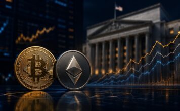 Bitcoin- und Ether-Münzen vor einem Regierungsgebäude mit aufwärts gerichteten Kurscharts