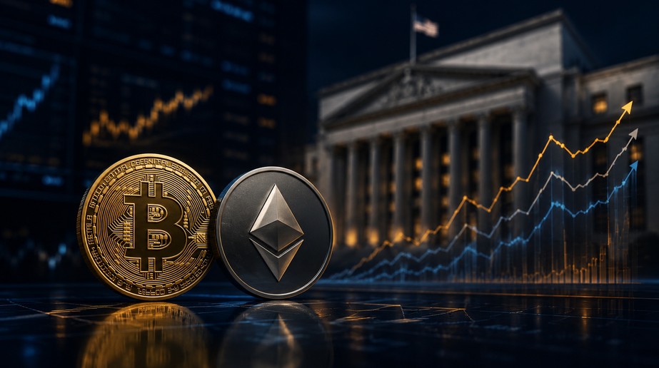 Bitcoin- und Ether-Münzen vor einem Regierungsgebäude mit aufwärts gerichteten Kurscharts