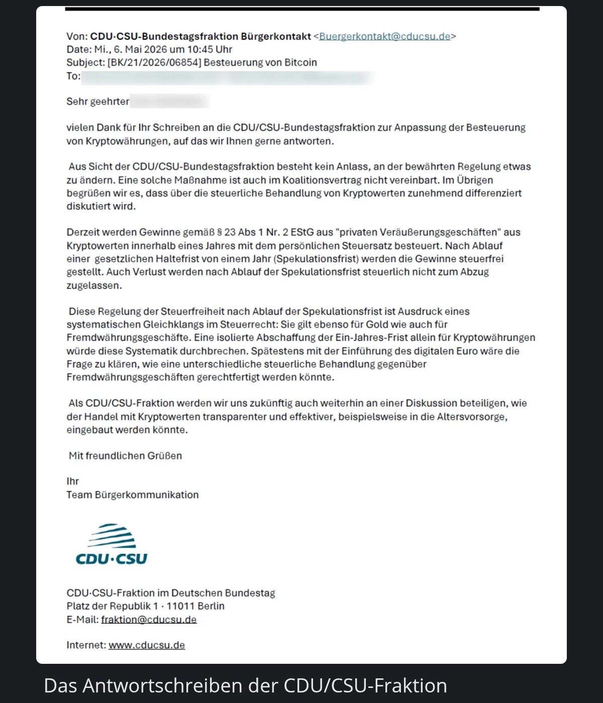Antwortschreiben der CDU/CSU-Bundestagsfraktion zur steuerlichen Behandlung von Bitcoin und Kryptowährungen vom 6. Mai 2026.