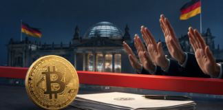 Bitcoin vor dem Reichstag mit einer roten Barriere und ablehnenden Abgeordneten zur geplanten Krypto-Steuer
