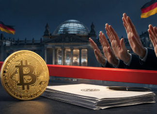 Abschaffung der Krypto-Haltefrist verfassungswidrig? CDU-Politiker äußert Zweifel Bitcoin vor dem Reichstag mit einer roten Barriere und ablehnenden Abgeordneten zur geplanten Krypto-Steuer
