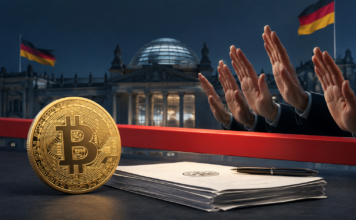 Bitcoin vor dem Reichstag mit einer roten Barriere und ablehnenden Abgeordneten zur geplanten Krypto-Steuer